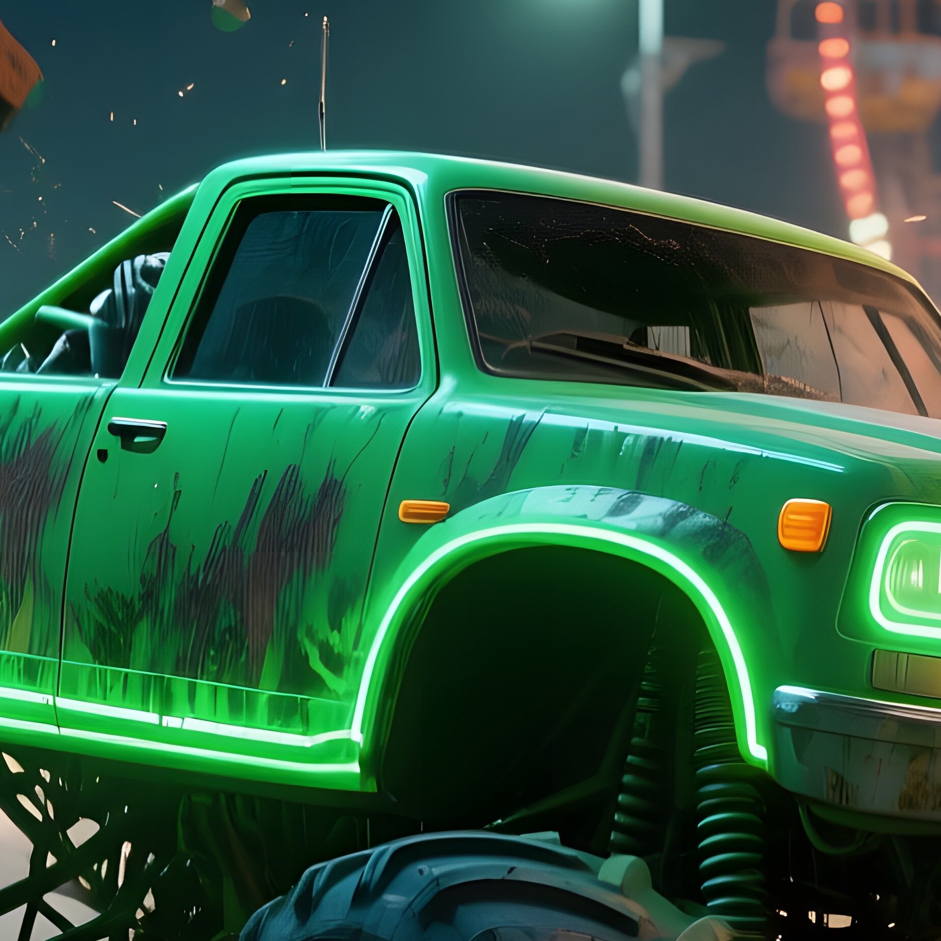 A Neon Green Monster Truck Smashes Through An Abandoned Carnival Midway At Night, Illuminated By - Full Resolution Quality Preview
