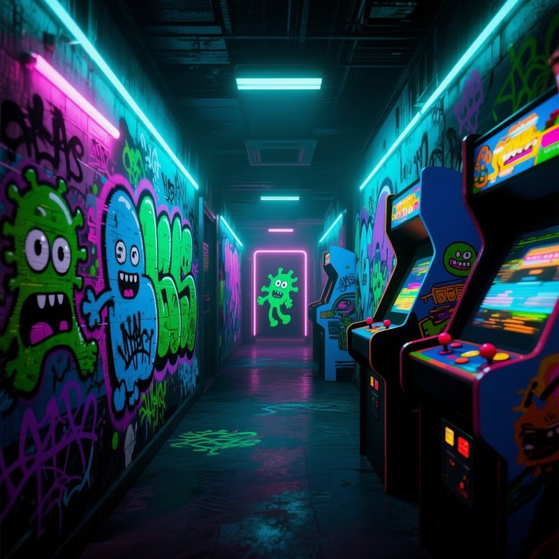 A Neon‑Lit Arcade Hallway At Night, Walls Covered In Animated Graffiti Of Glitchy Characters That