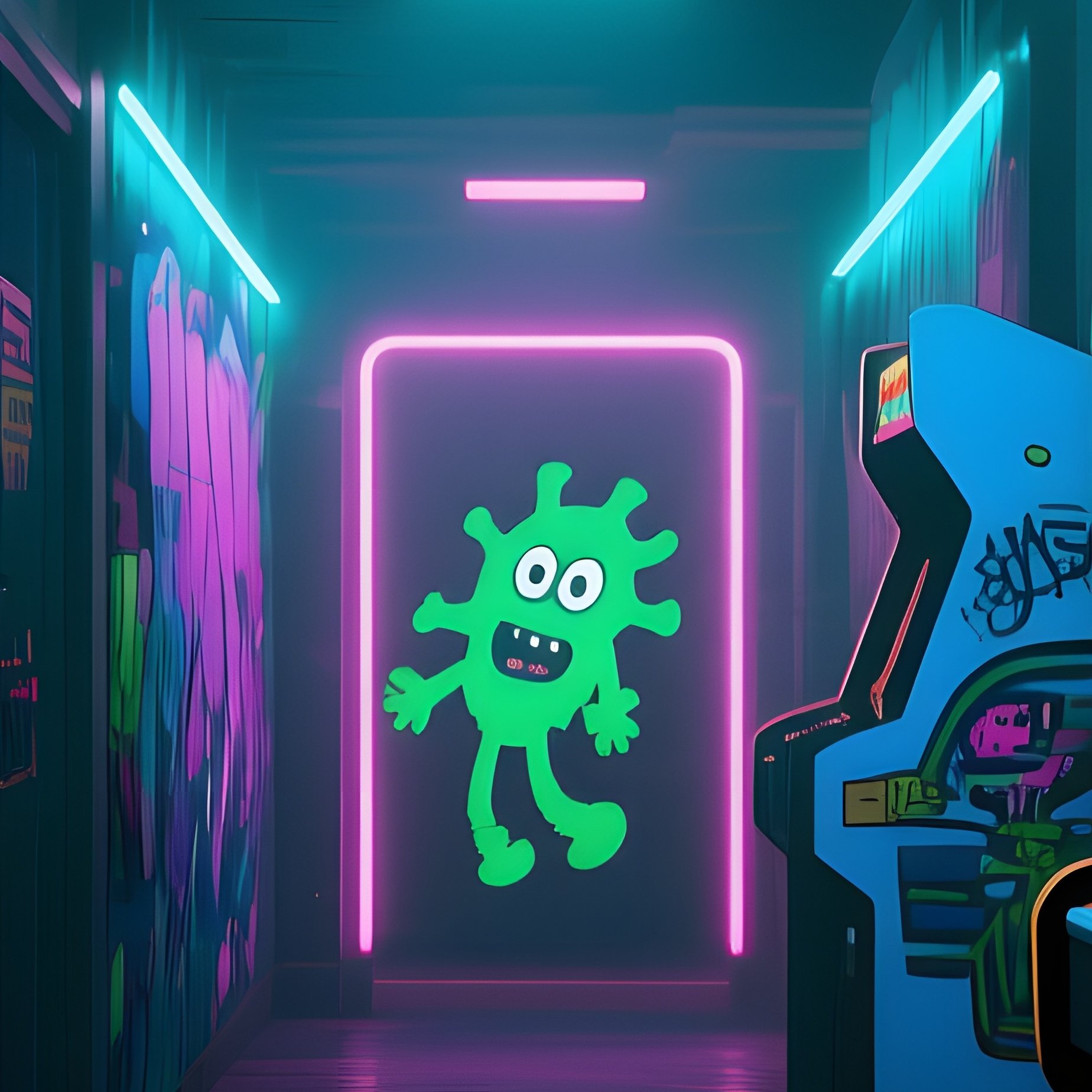 A Neon‑Lit Arcade Hallway At Night, Walls Covered In Animated Graffiti Of Glitchy Characters That - Full Resolution Quality Preview