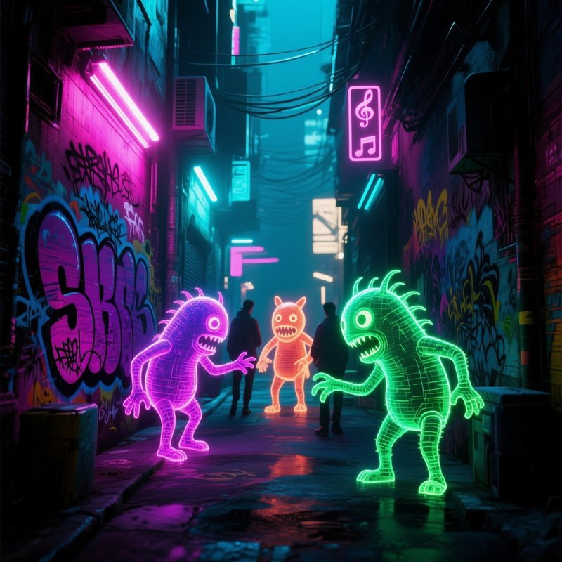 A Neon Lit Cyberpunk Alley Where Graffiti Transforms Into Three Dimensional Holographic Creatures