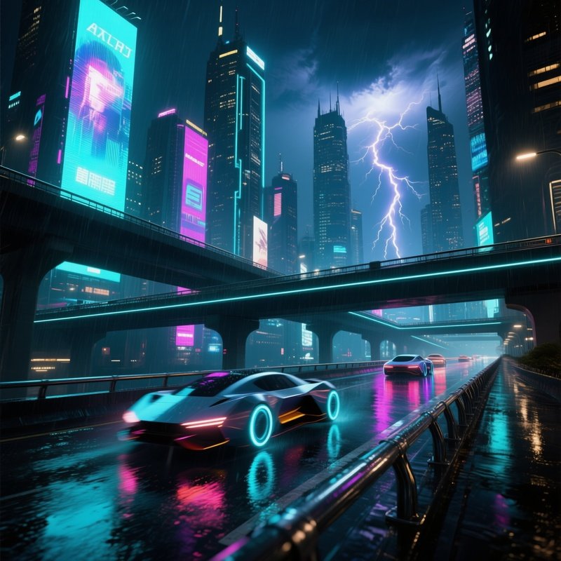 A Neon‑Lit Megacity At Night, Rain Slicking The Multi‑Level Highway As Sleek Anti‑Gravity Hover