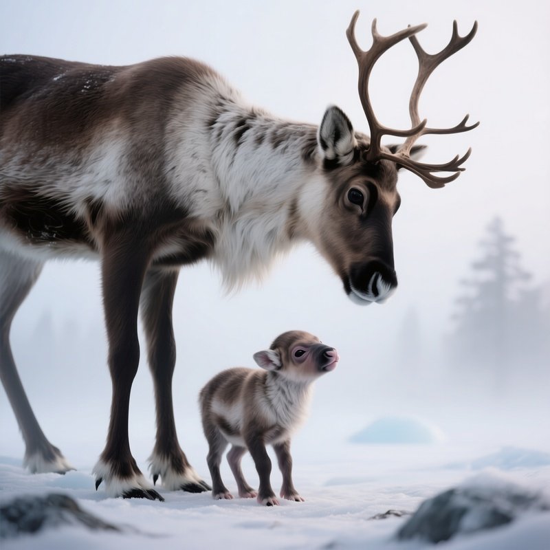 A Newborn Reindeer Standing Beside Its Mother In Arctic Fog.
