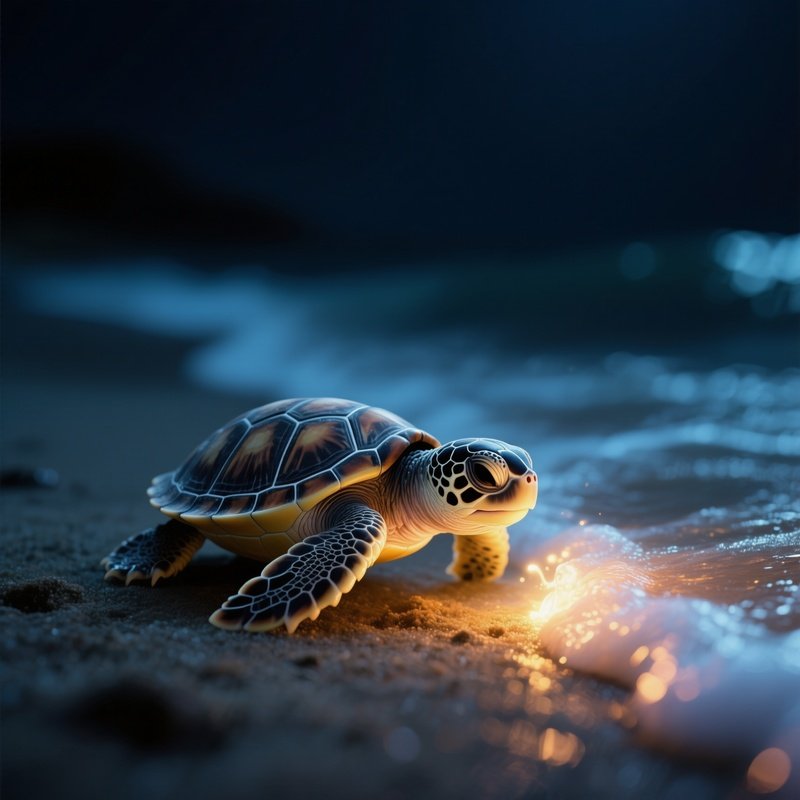 A Newborn Turtle Hatching At Night, Crawling Toward Glowing Surf.