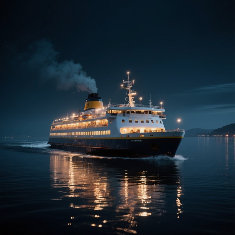 A Night Ferry Illuminated By Deck Lights Crossing Calm Water