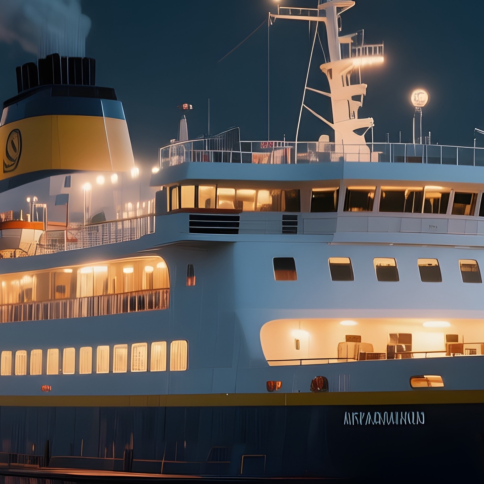 A Night Ferry Illuminated By Deck Lights Crossing Calm Water - Full Resolution Quality Preview