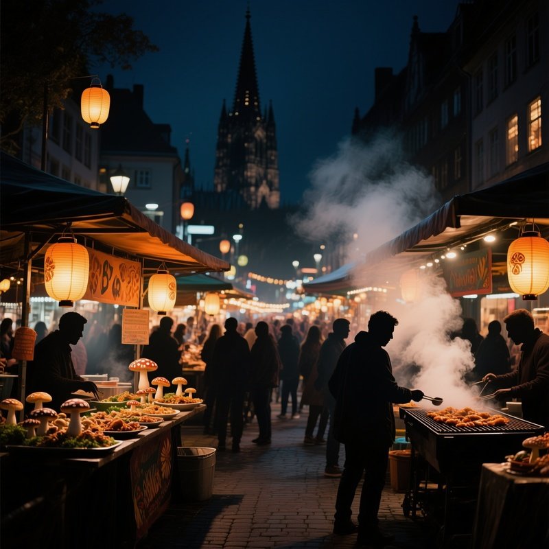 A Night Market In Cologne Illuminated By Lanterns, Stalls Selling Exotic Mushroom Dishes, Steam