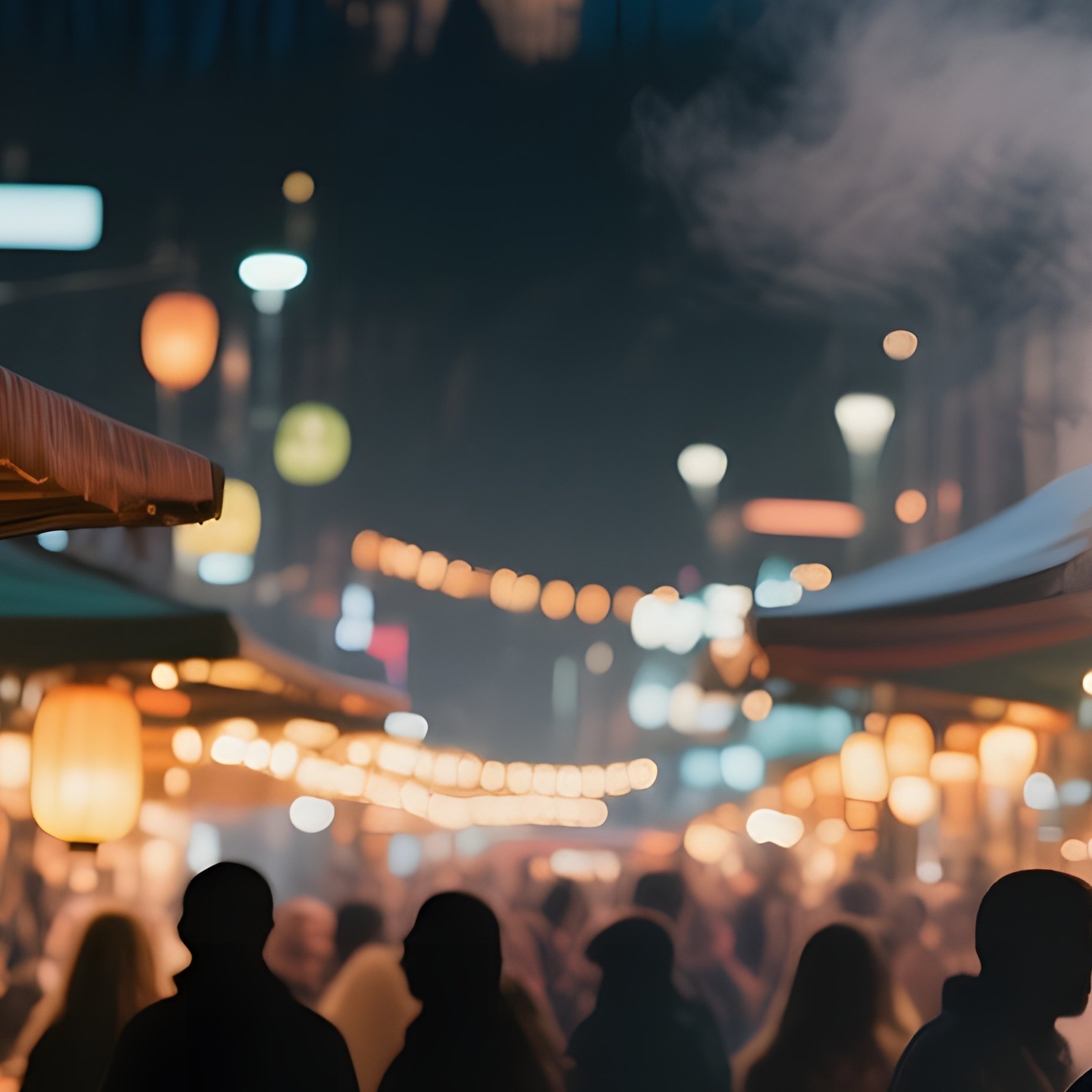 A Night Market In Cologne Illuminated By Lanterns, Stalls Selling Exotic Mushroom Dishes, Steam - Full Resolution Quality Preview