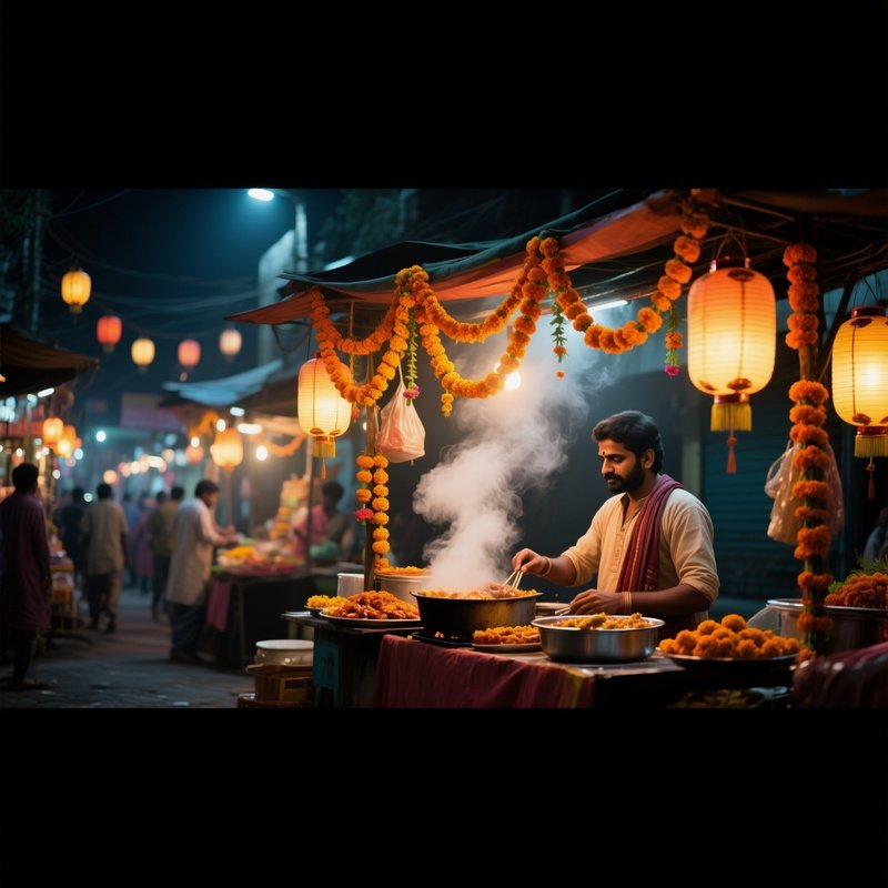 A Night Market Stall Illuminated By Lanterns, Garlands Of Marigolds Draped Overhead, Steam Rising