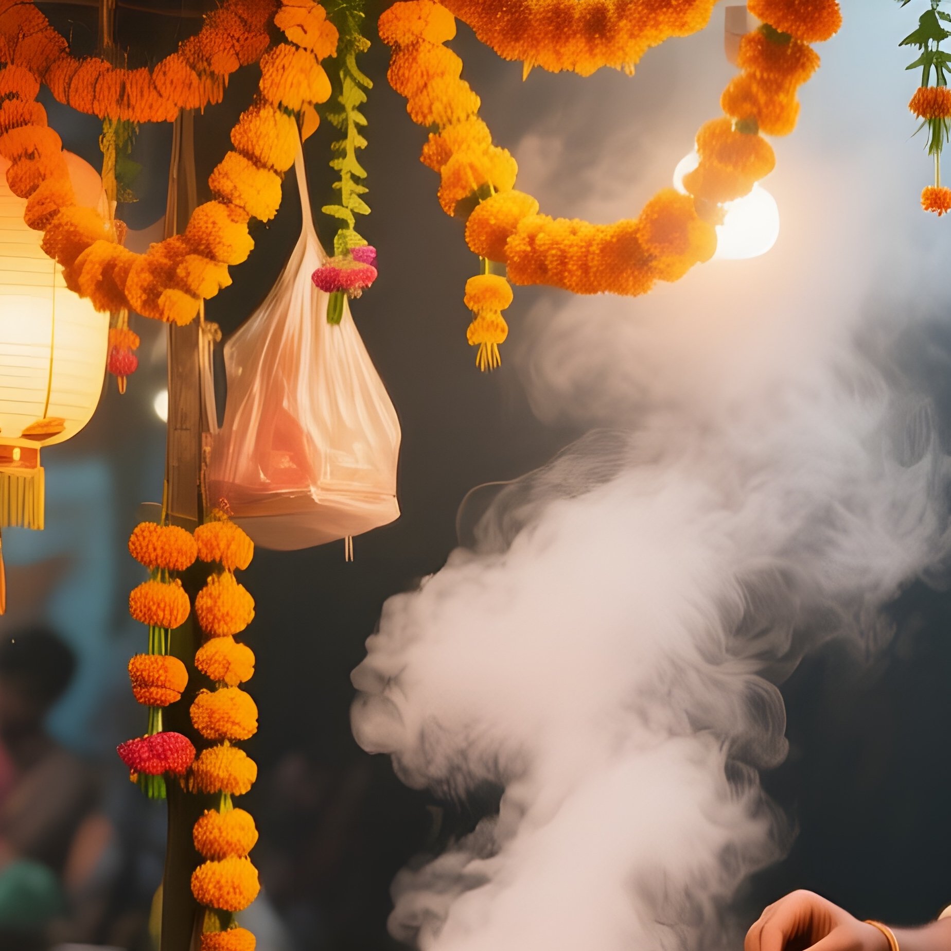 A Night Market Stall Illuminated By Lanterns, Garlands Of Marigolds Draped Overhead, Steam Rising - Full Resolution Quality Preview