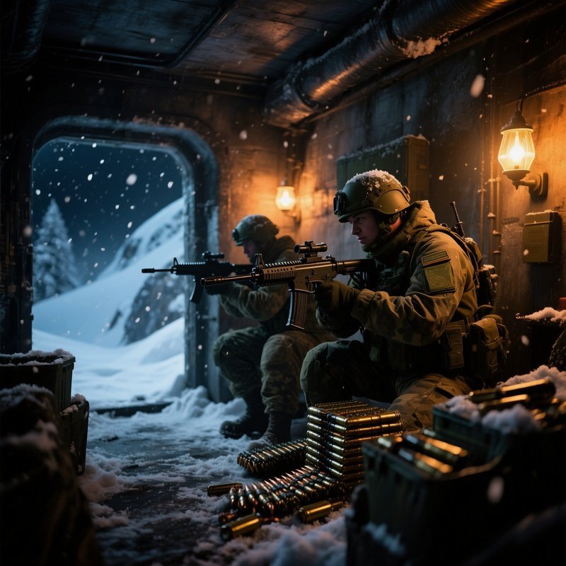 A Night Scene In An Alpine Bunker, Snow Falling Outside, Interior Lit By Low Amber Lamps, Soldiers