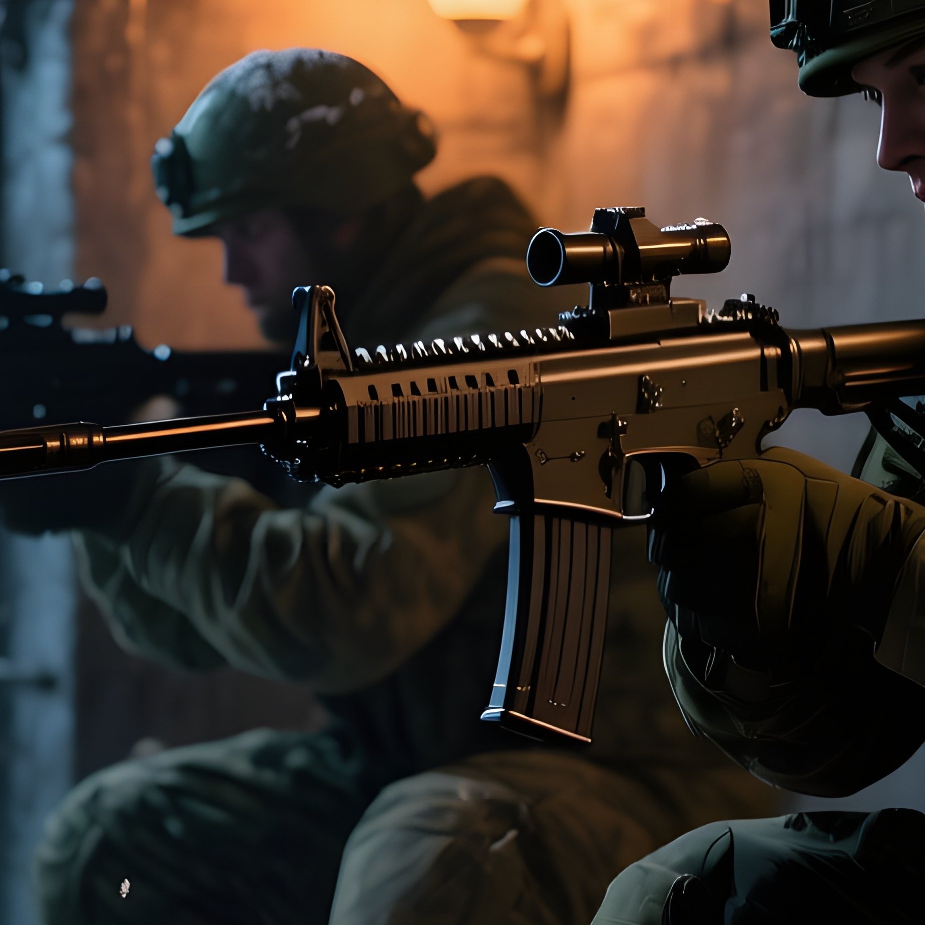 A Night Scene In An Alpine Bunker, Snow Falling Outside, Interior Lit By Low Amber Lamps, Soldiers - Full Resolution Quality Preview
