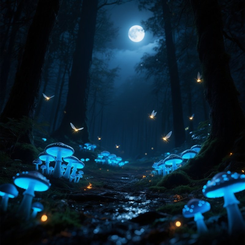 A Night Scene In An Enchanted Black Forest Clearing Illuminated By Bioluminescent Blue Fungi