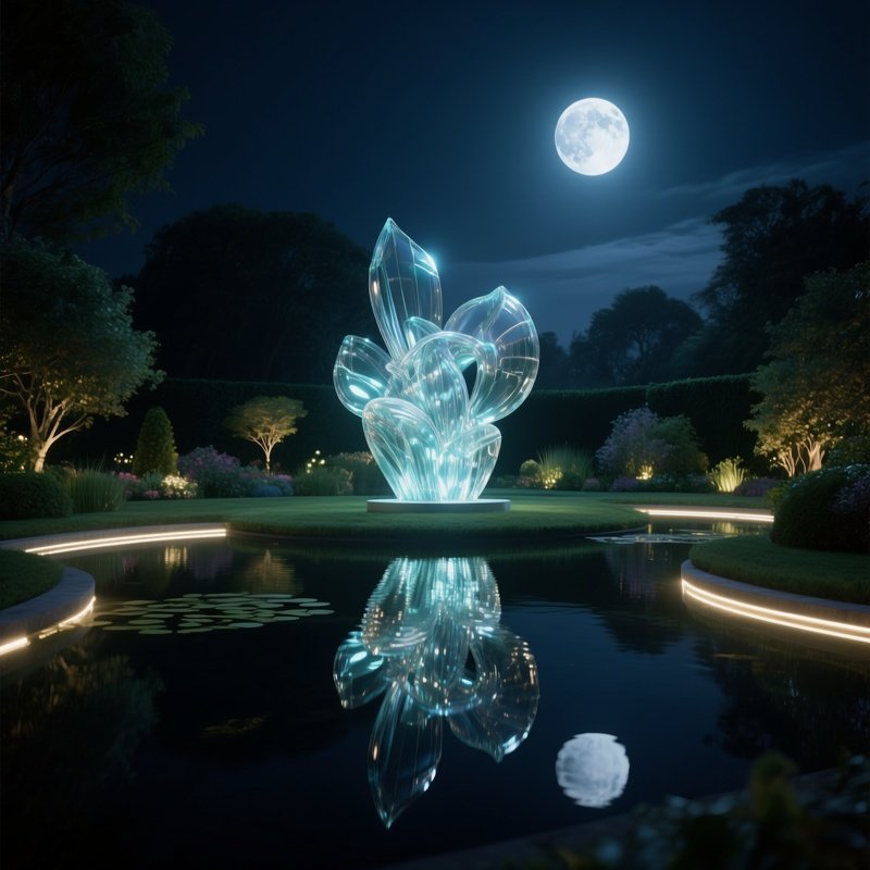 A Night Scene Of A Luminous Glass Sculpture Garden Illuminated By Moonlight And Subtle Led Accents,