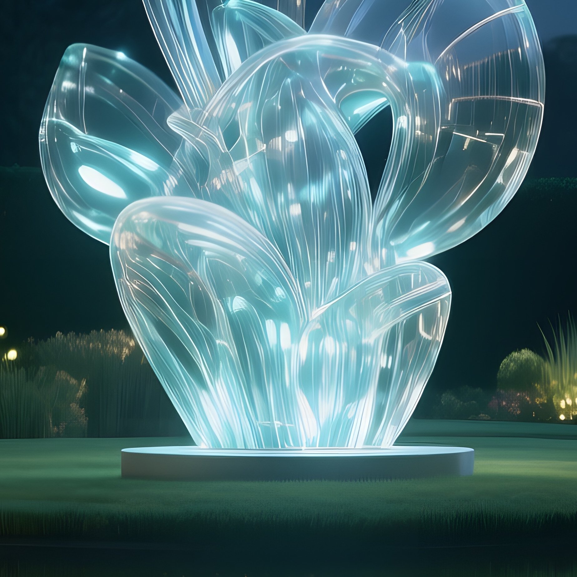 A Night Scene Of A Luminous Glass Sculpture Garden Illuminated By Moonlight And Subtle Led Accents, - Full Resolution Quality Preview