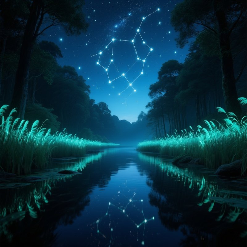 A Night Scene Of A Magical Forest River Reflecting A Sky Full Of Constellations That Seem To Move,