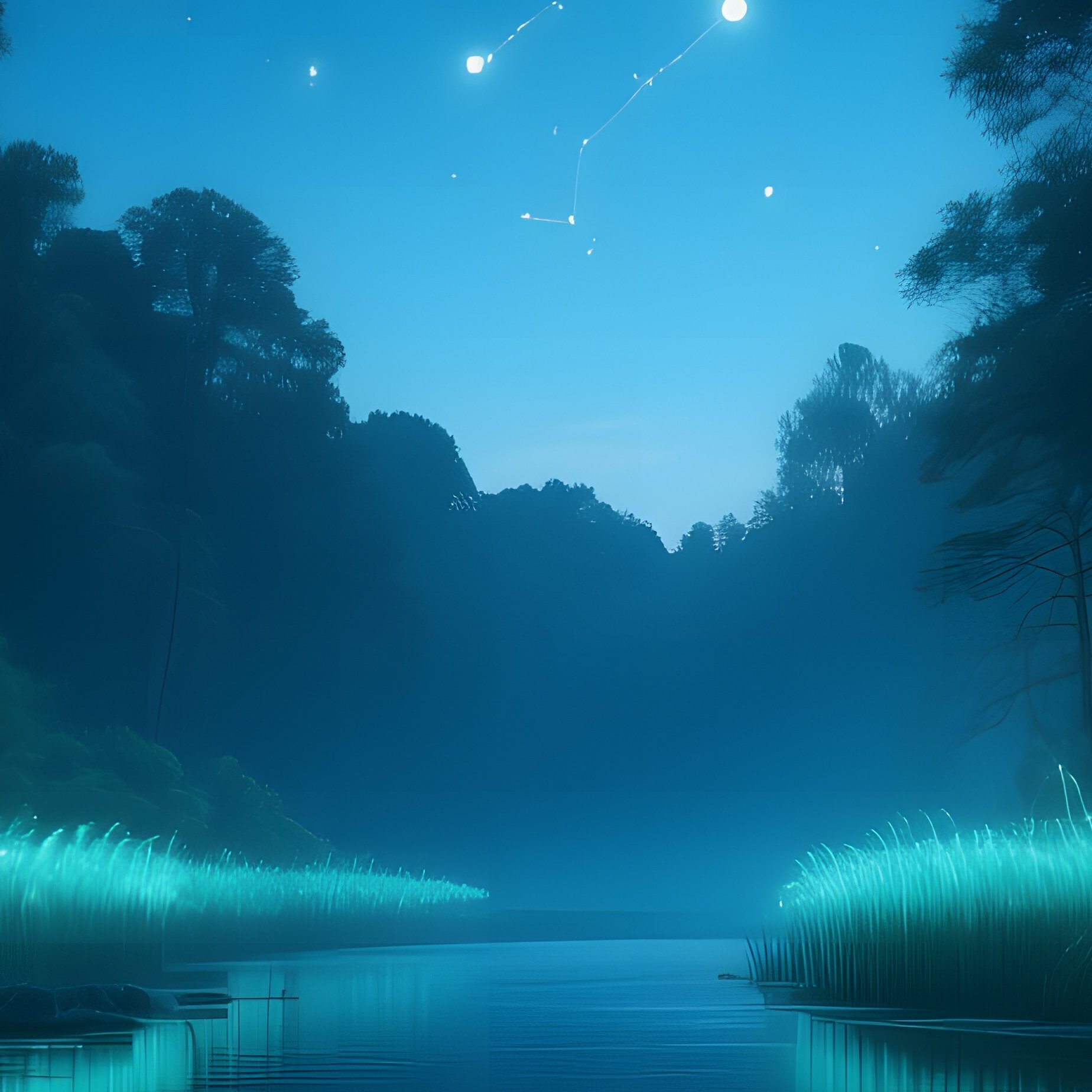 A Night Scene Of A Magical Forest River Reflecting A Sky Full Of Constellations That Seem To Move, - Full Resolution Quality Preview