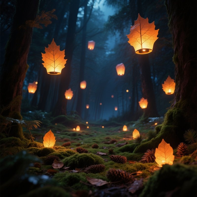 A Night Scene Of An Enchanted Forest Clearing Illuminated By Floating Lanterns Shaped Like Leaves,