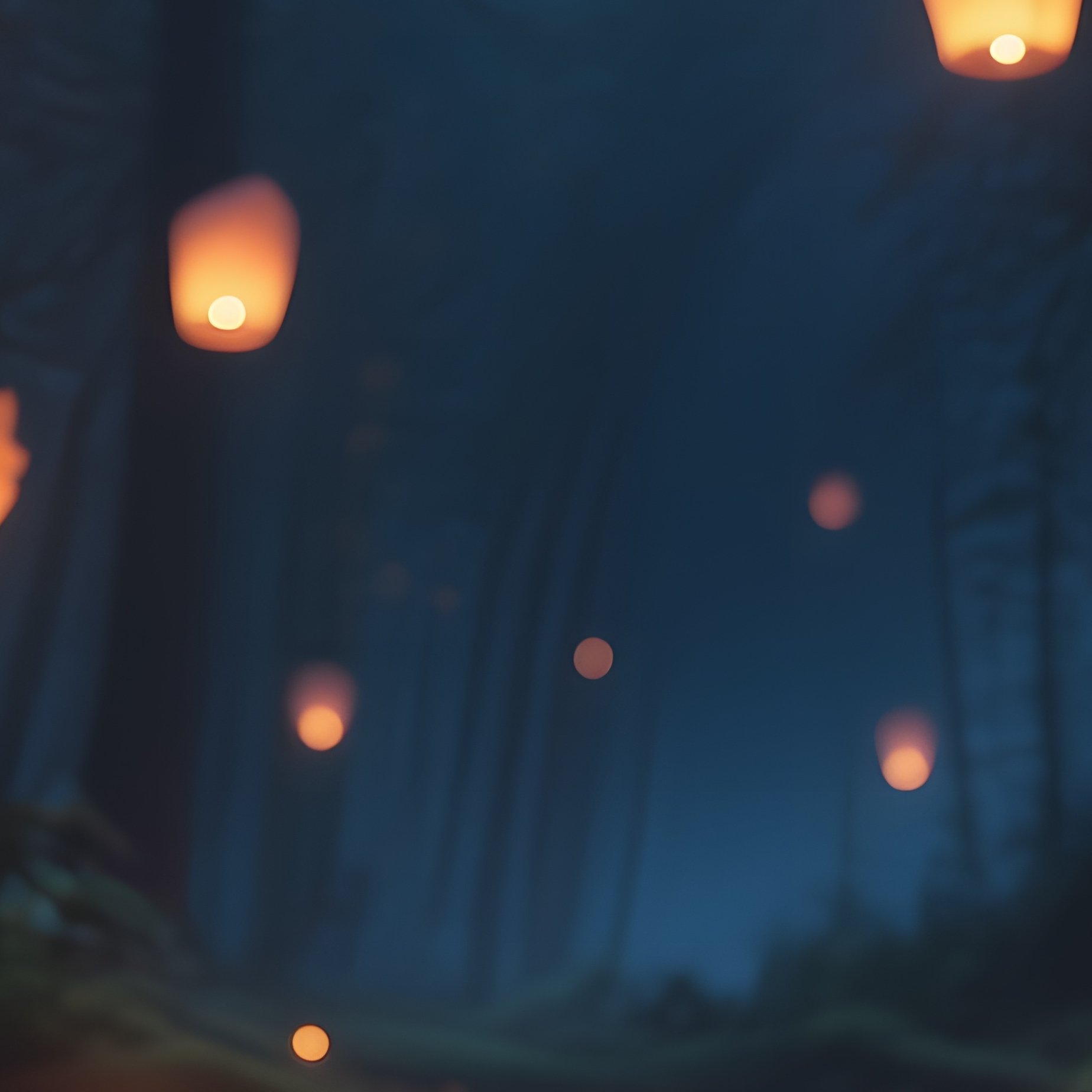A Night Scene Of An Enchanted Forest Clearing Illuminated By Floating Lanterns Shaped Like Leaves, - Full Resolution Quality Preview