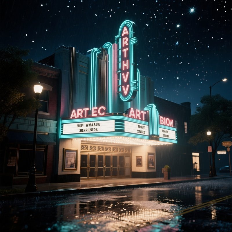 A Night Scene Of An Illuminated Art Deco Theater With Chrome Accents, Neon Signs Flickering Softly
