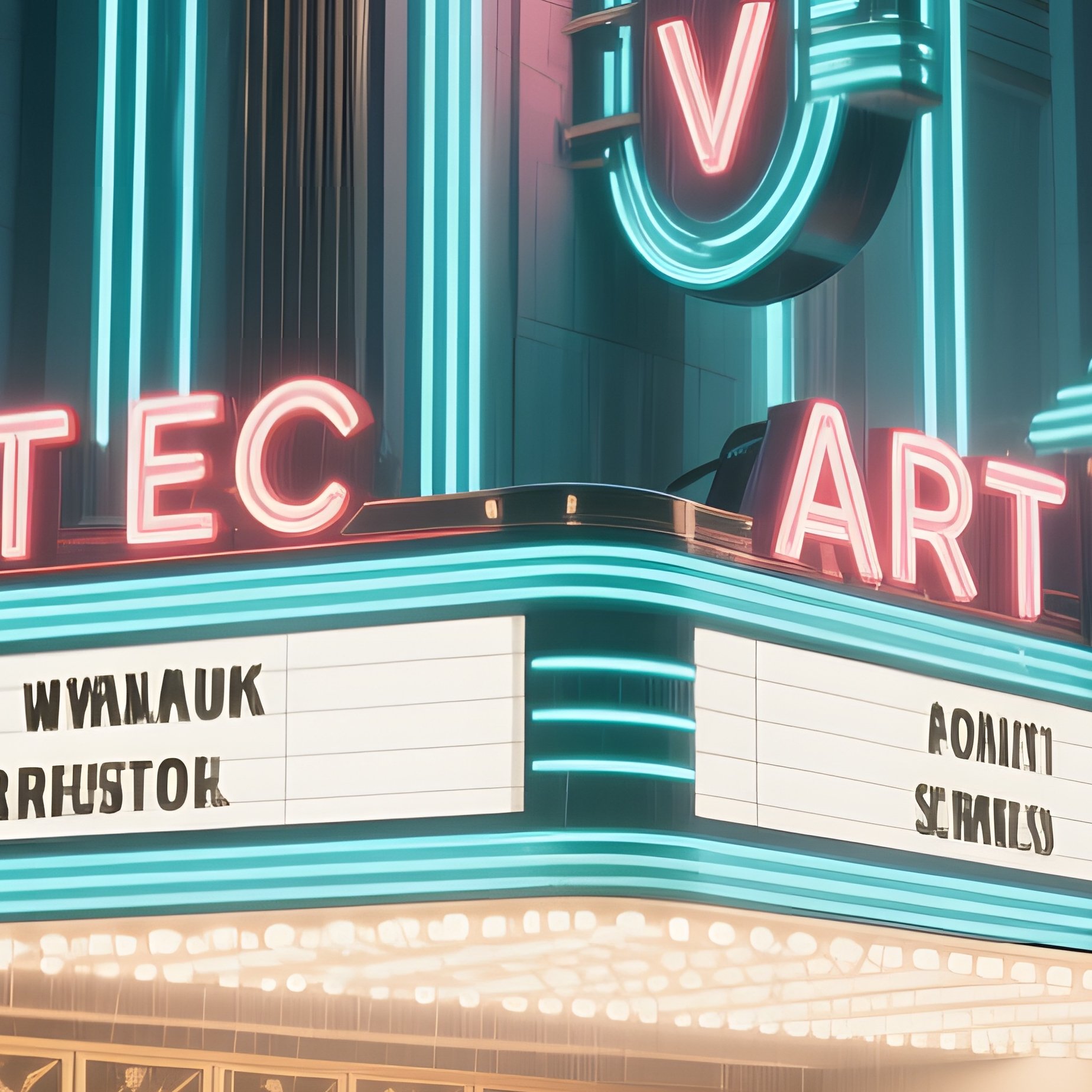 A Night Scene Of An Illuminated Art Deco Theater With Chrome Accents, Neon Signs Flickering Softly - Full Resolution Quality Preview