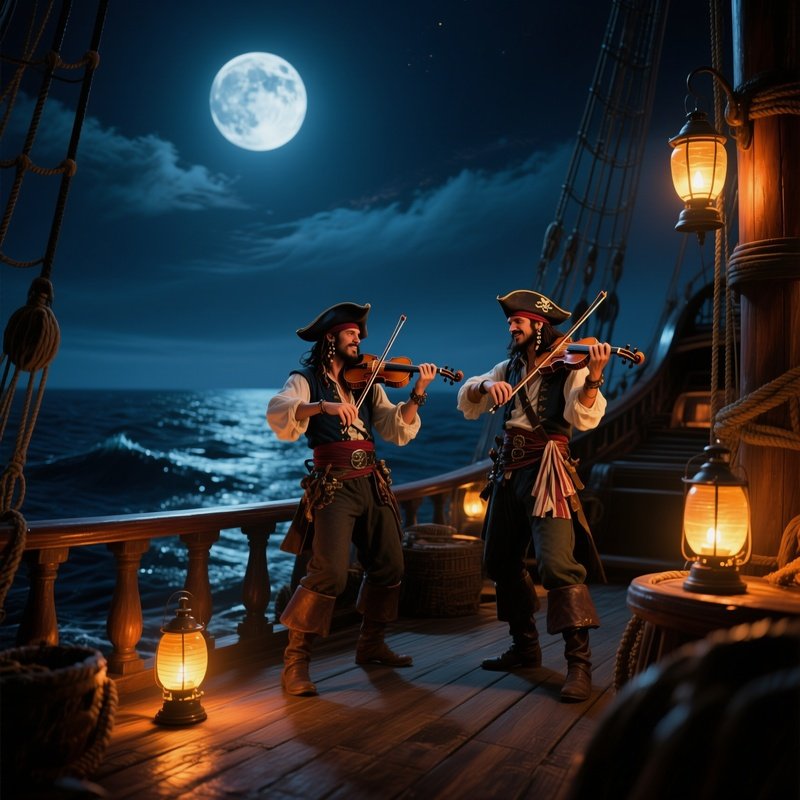 A Night Scene On A Moonlit Deck Where Pirates Play A Lively Fiddle Tune, Lanterns Casting Amber