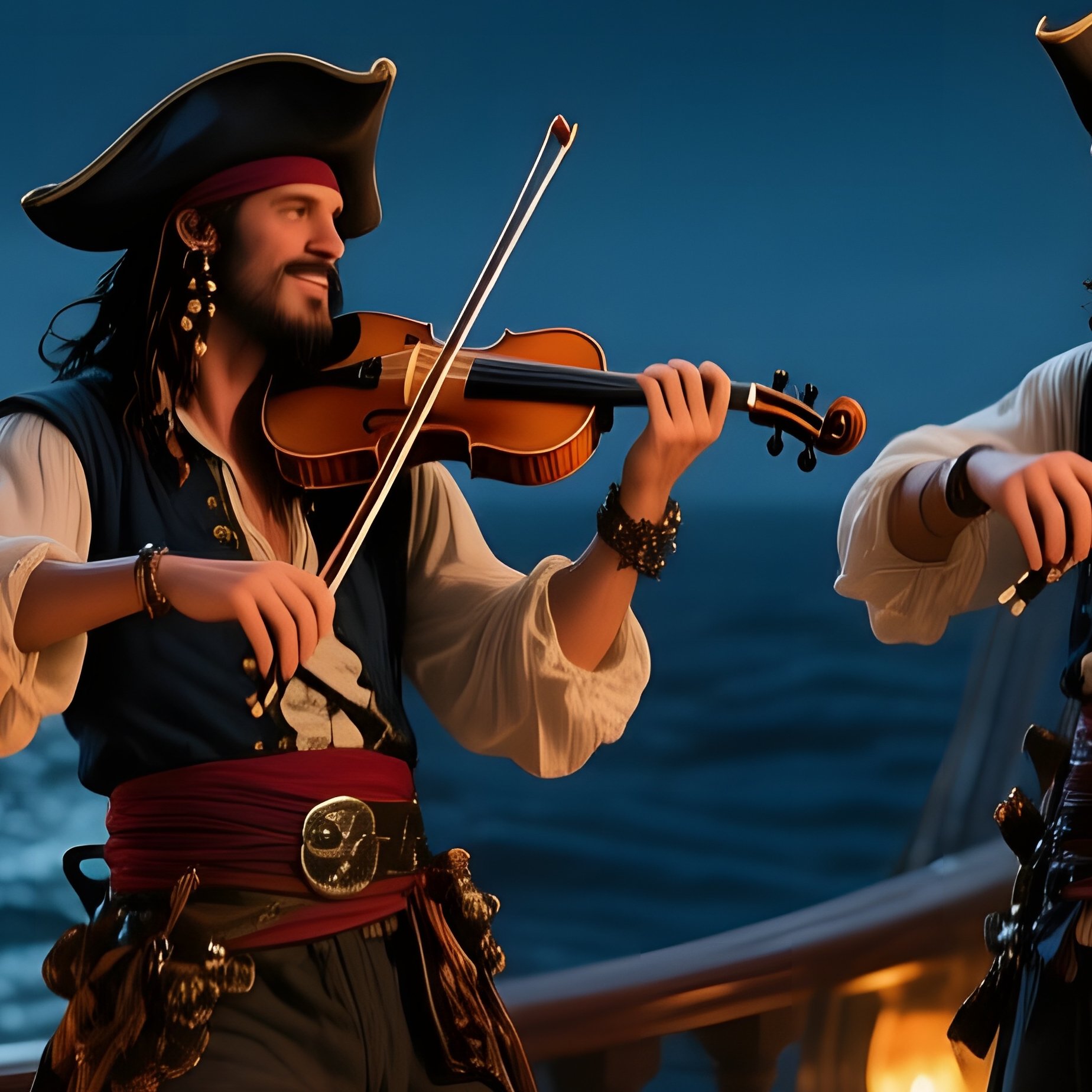A Night Scene On A Moonlit Deck Where Pirates Play A Lively Fiddle Tune, Lanterns Casting Amber - Full Resolution Quality Preview