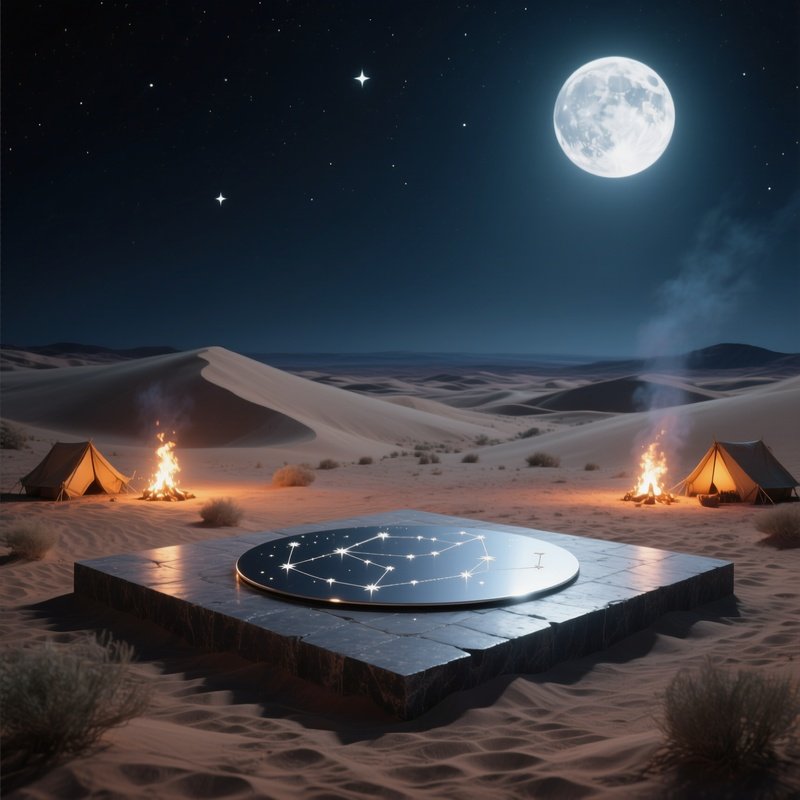 A Night‑Time Desert Star Altar On A Basalt Platform, A Silver Disk Reflecting Constellations,