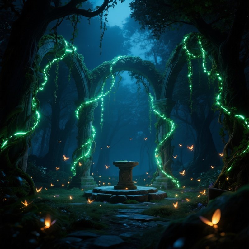 A Night‑Time Enchanted Grove Where Luminous Vines Drape From Ancient Arches, Their Glow Pulsing