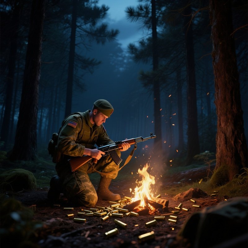 A Night‑Time Forest Clearing Lit By Campfire Glow, A Soldier Cleaning His Rifle, Brass Casings
