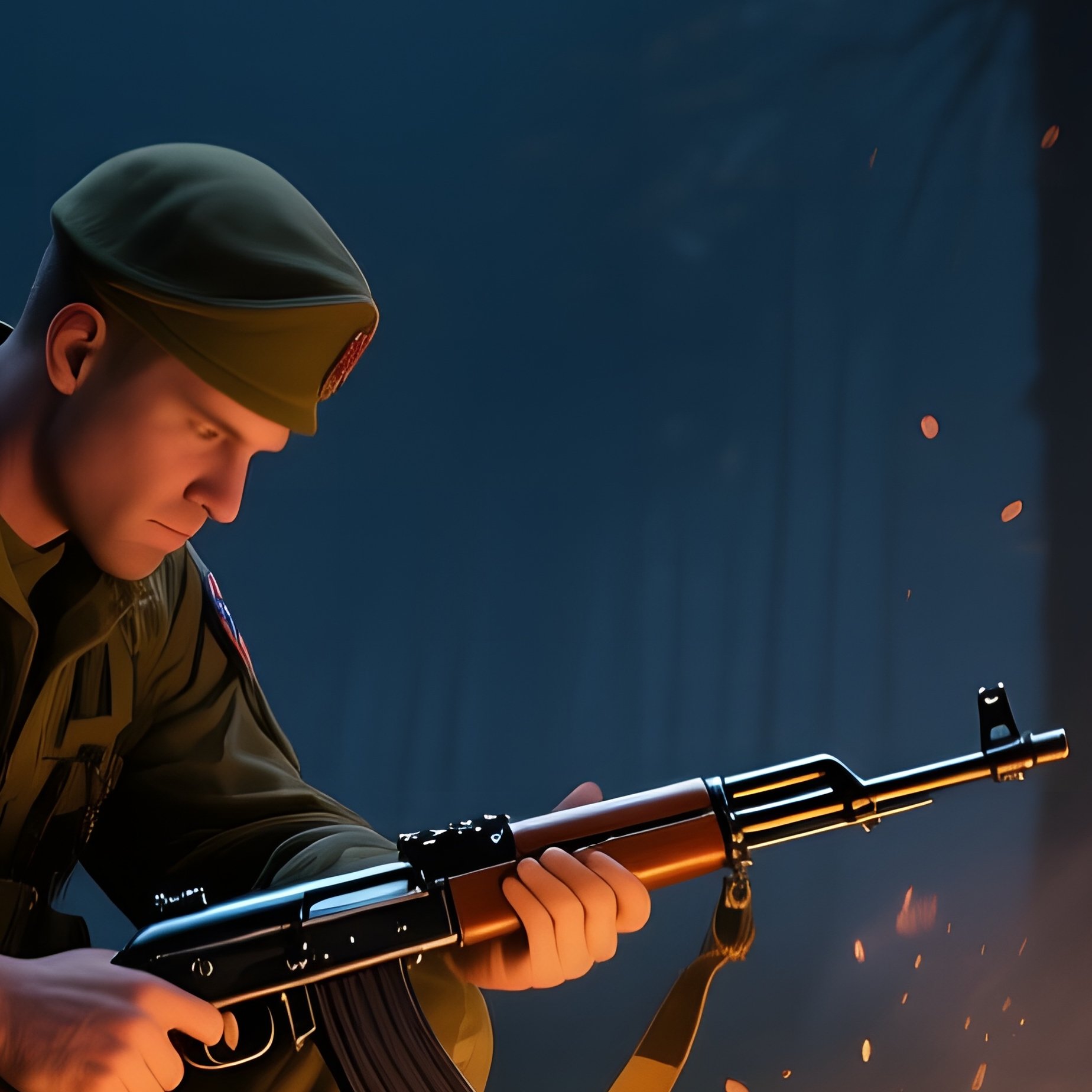 A Night‑Time Forest Clearing Lit By Campfire Glow, A Soldier Cleaning His Rifle, Brass Casings - Full Resolution Quality Preview