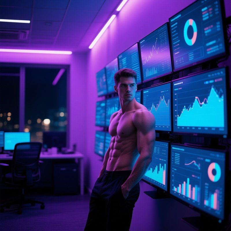 A Night‑Time Office Bathed In Soft Purple And Blue Led Lighting, A Fit Tech Analyst Standing Beside