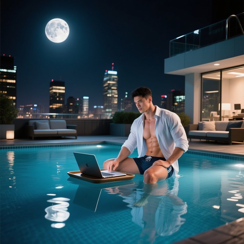 A Night‑Time Rooftop Poolside Office Lounge, A Fit Man In Swim Trunks And A Loose Shirt, Laptop On