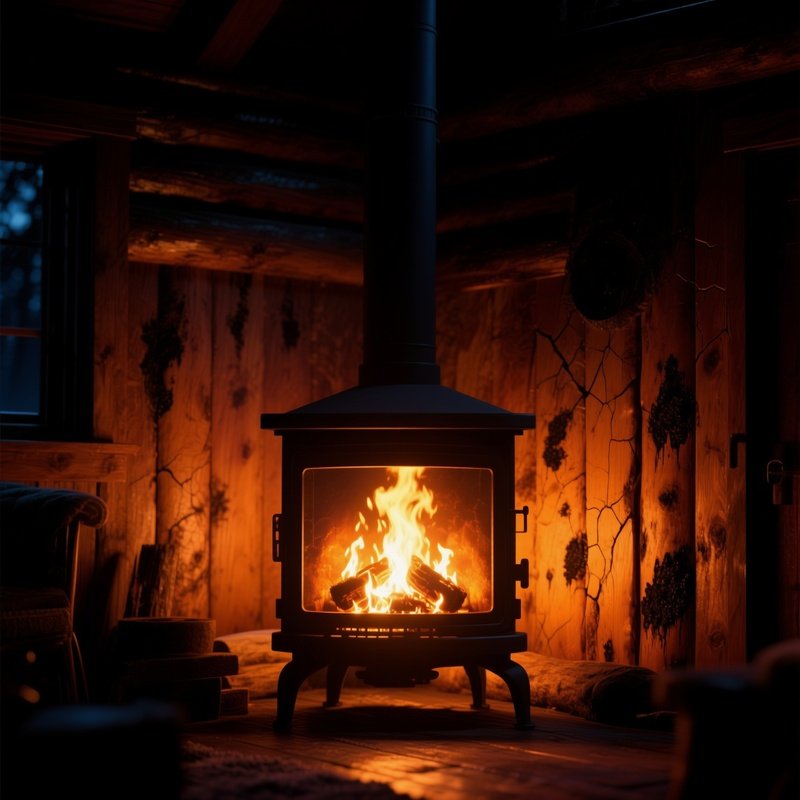 A Night‑Time Scene Of A Cabin Interior Lit By A Flickering Fireplace, Casting Amber Glows On Rough