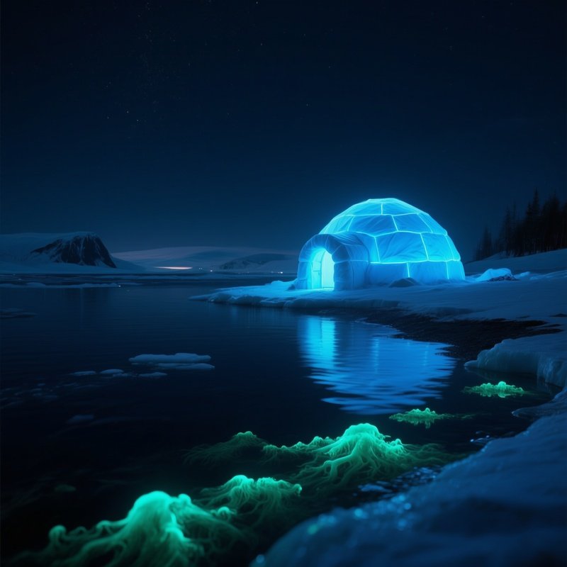 A Night Time Scene Where Bioluminescent Algae Glow Faintly In The Water Near An Igloo Shoreline,
