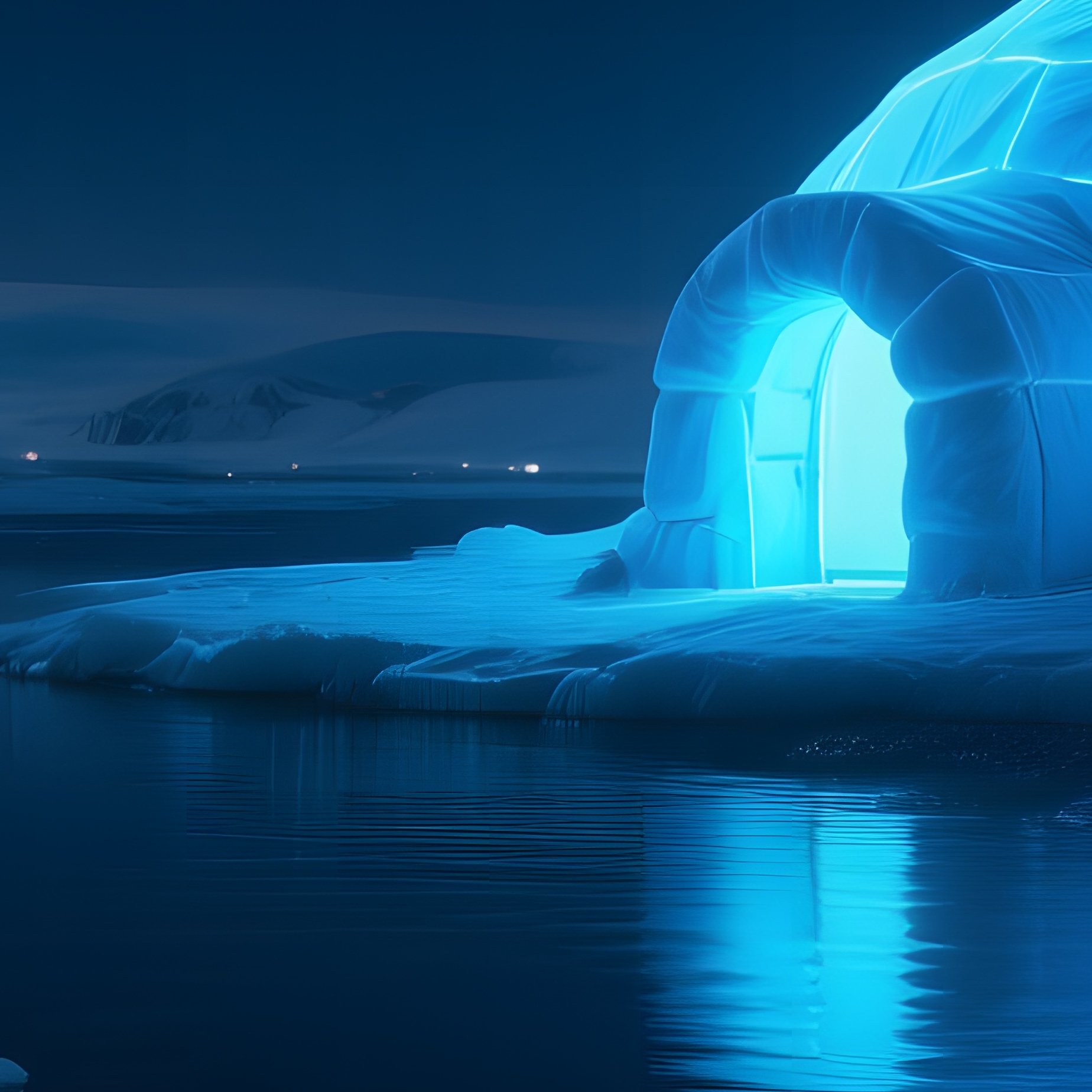 A Night Time Scene Where Bioluminescent Algae Glow Faintly In The Water Near An Igloo Shoreline, - Full Resolution Quality Preview