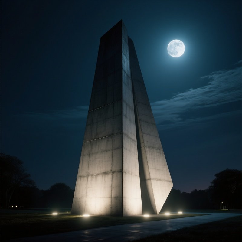 A Night Time Shot Of An Angular Concrete Monument Illuminated By Subtle Ground Lights, Creating