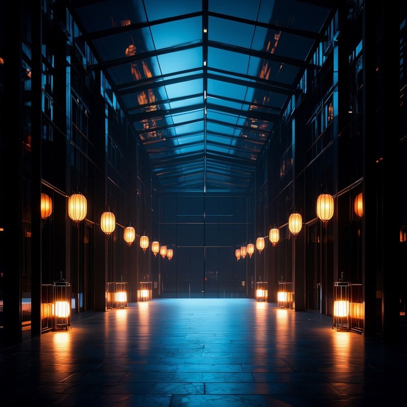 A Night Time Shot Of An Illuminated Glass Atrium Filled With Hanging Lanterns, Casting Warm Pools