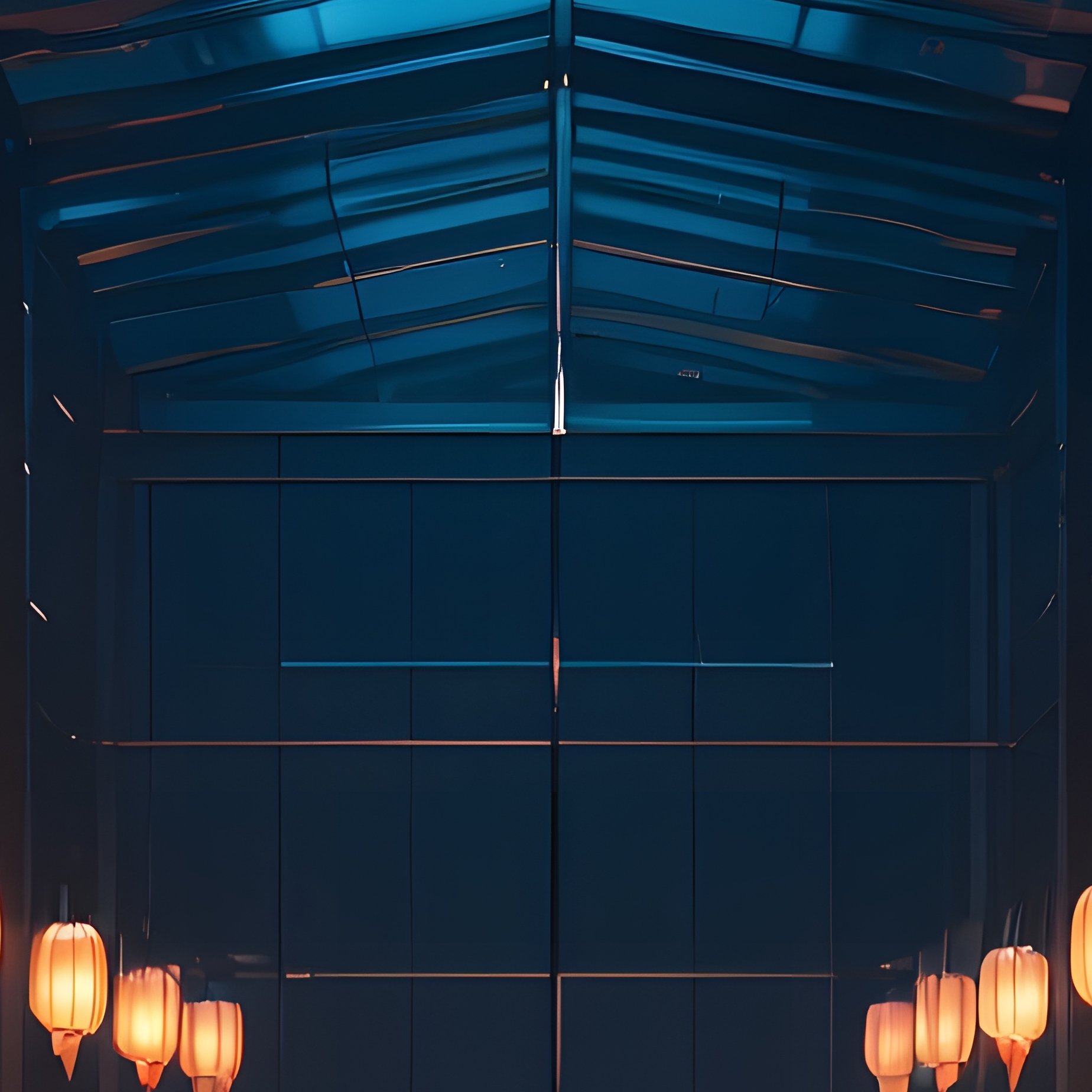 A Night Time Shot Of An Illuminated Glass Atrium Filled With Hanging Lanterns, Casting Warm Pools - Full Resolution Quality Preview
