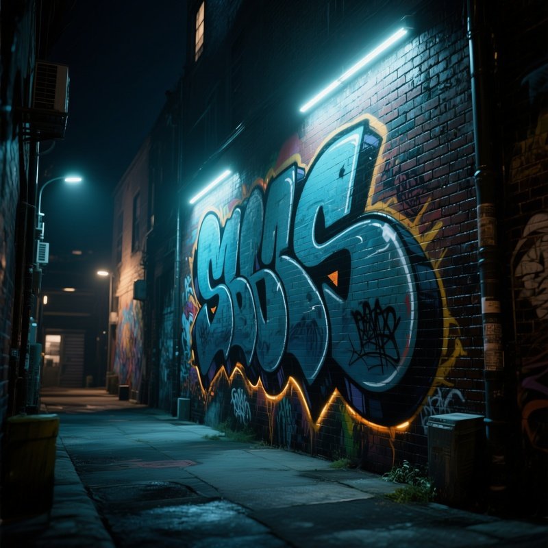 A Night Time Street Art Alley Featuring Massive 3D Painted Murals That Appear To Burst From The