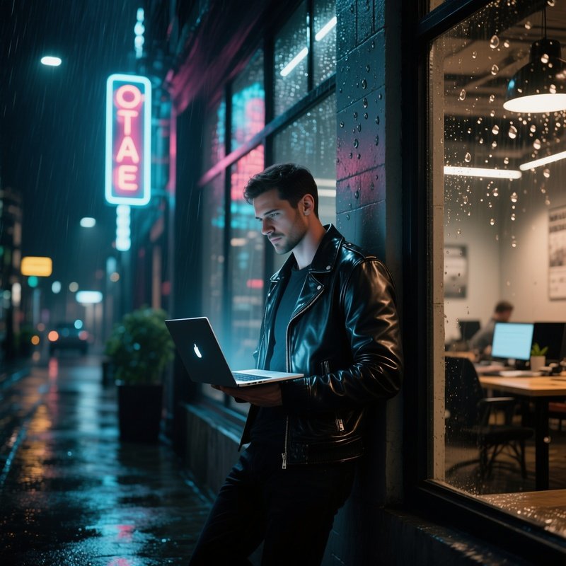 A Night‑Time Street‑Level Coworking Space With Rain Soaked Windows, A Toned Man In A Leather Jacket