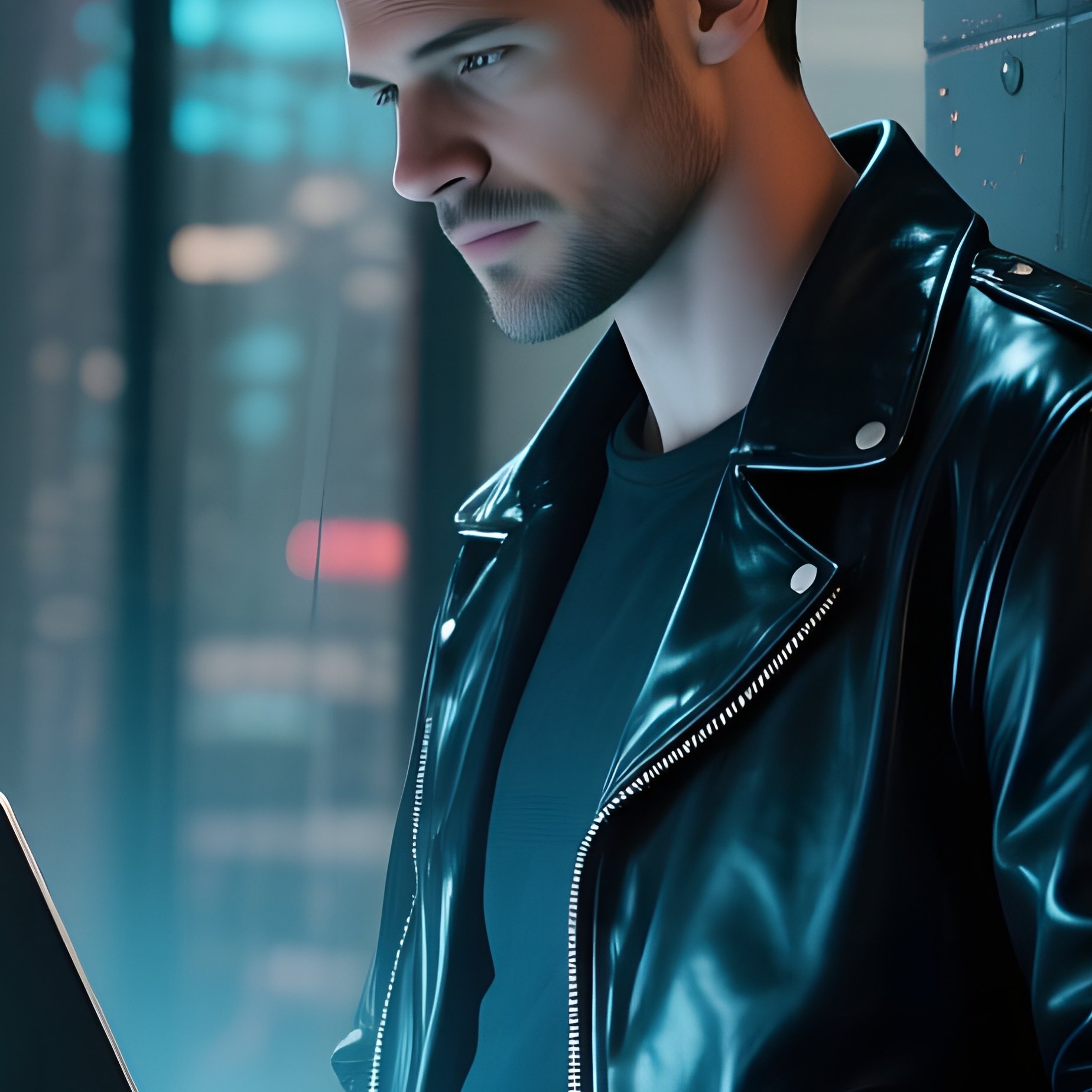 A Night‑Time Street‑Level Coworking Space With Rain Soaked Windows, A Toned Man In A Leather Jacket - Full Resolution Quality Preview
