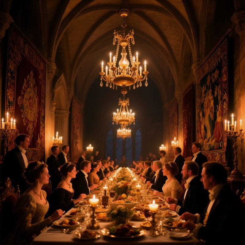 A Night‑Time Tableau Inside A Royal Banquet Hall, Chandeliers Of Oil Lamps Hanging From Vaulted