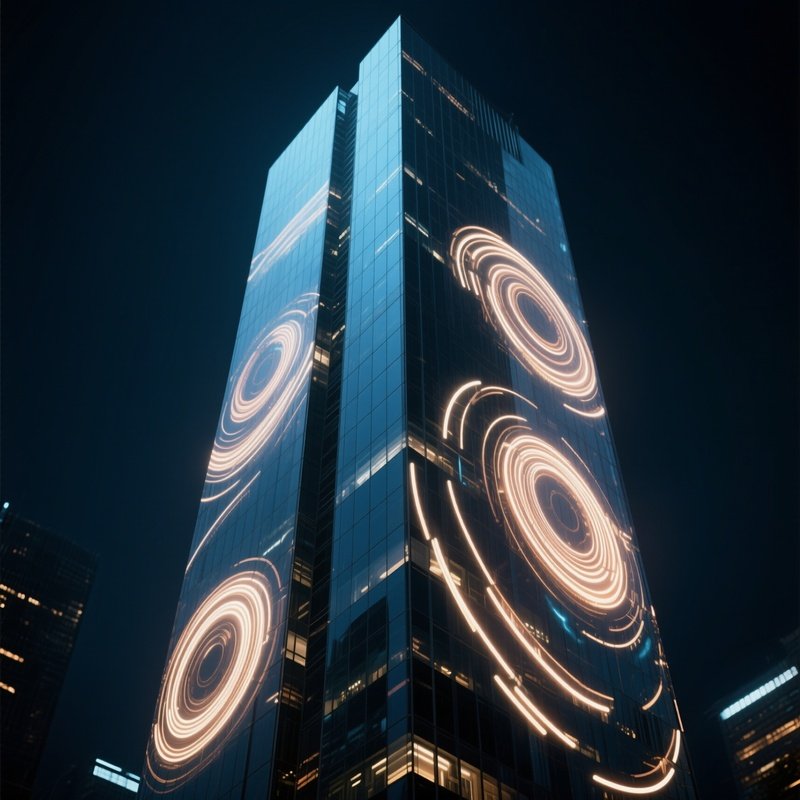 A Night Time View Of A Sleek Glass Skyscraper With Rotating Light Installations That Create Moving