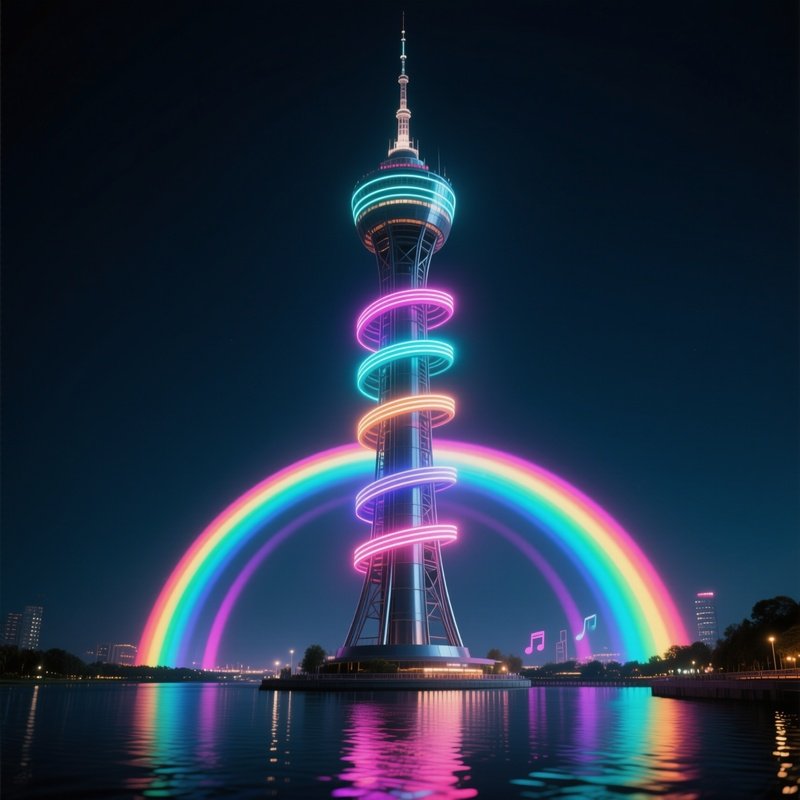 A Night Time View Of A Sleek Steel Tower With Rotating Led Bands That Pulse In Rhythm With Distant