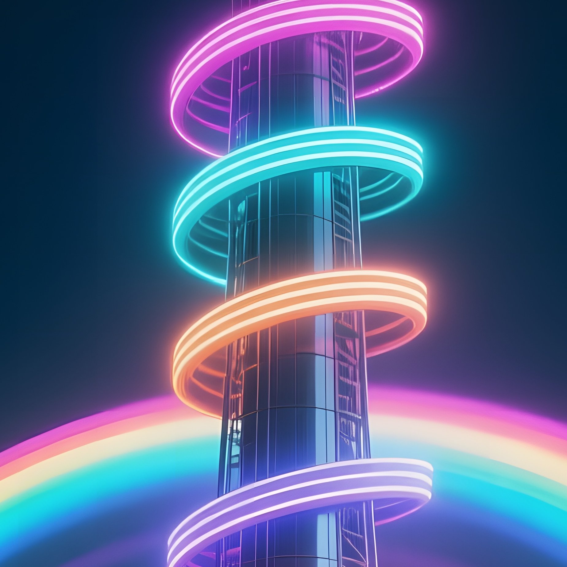 A Night Time View Of A Sleek Steel Tower With Rotating Led Bands That Pulse In Rhythm With Distant - Full Resolution Quality Preview