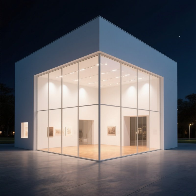 A Night Time View Of An Illuminated White Cube Museum With Interior Lights Casting Soft Glow