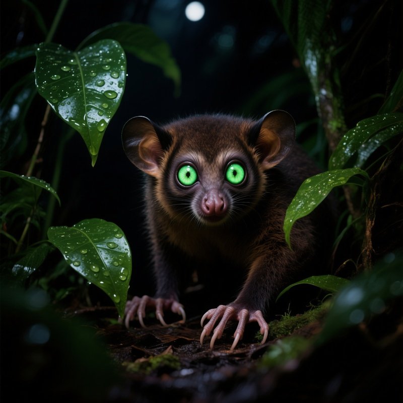 A Nocturnal Aye Aye Peeking Through Leaves With Glowing Eyes