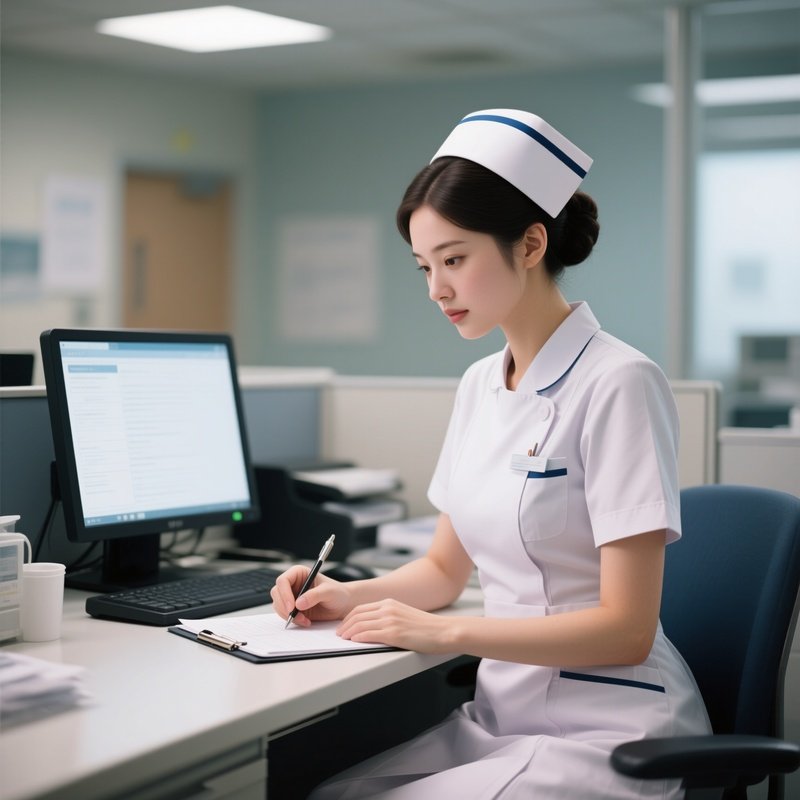 A Nurse Documenting Care Updates At A Workstation