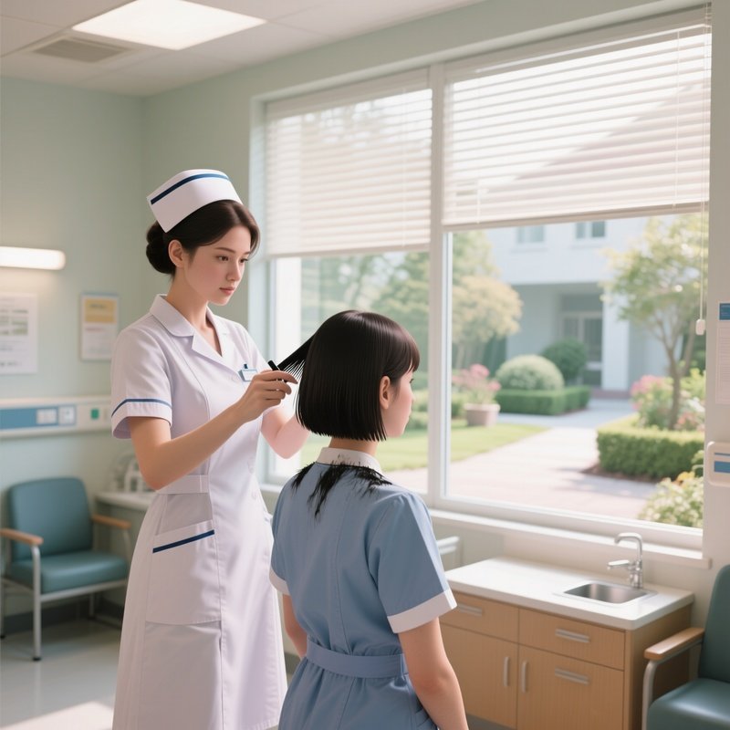 A Nurse In Scrubs Gets A Clean Bob Cut In A Bright Hospital Break Room, Large Windows Showing A
