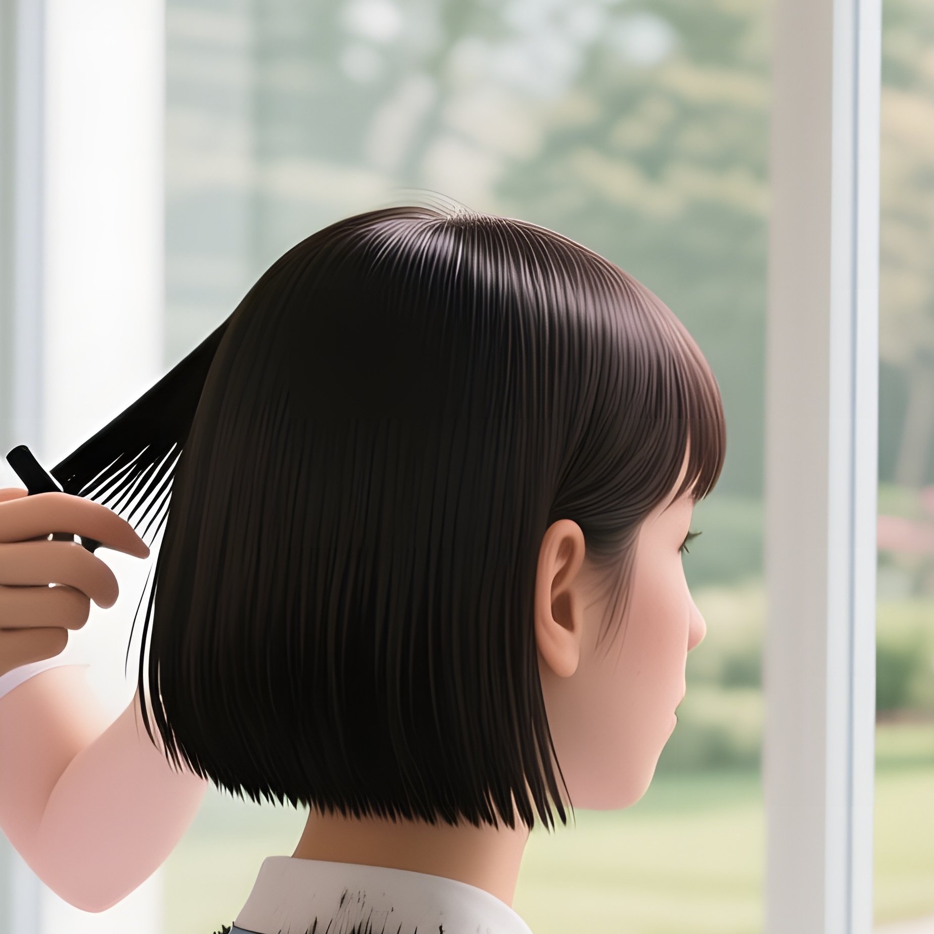 A Nurse In Scrubs Gets A Clean Bob Cut In A Bright Hospital Break Room, Large Windows Showing A - Full Resolution Quality Preview